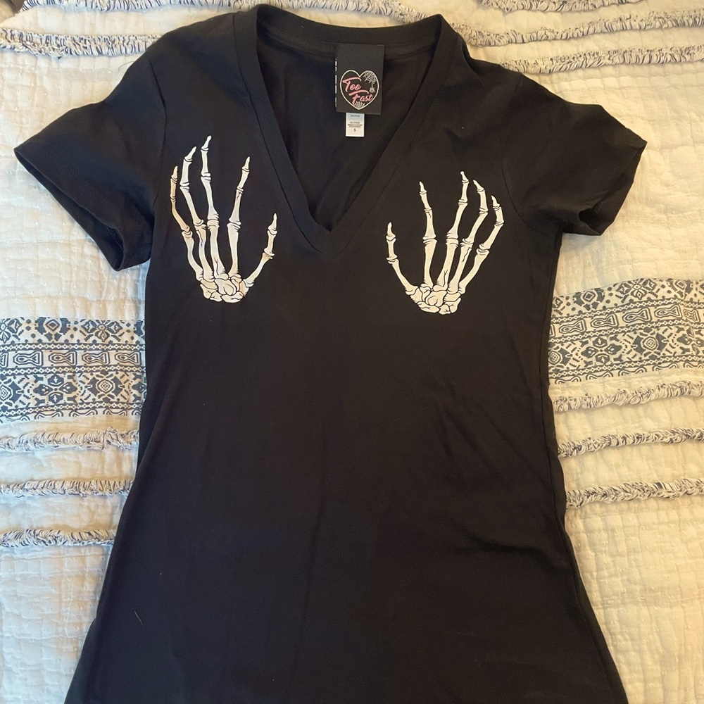 TOO FAST BRAND SKELETON HANDS DEEP V NECK T SHIRT